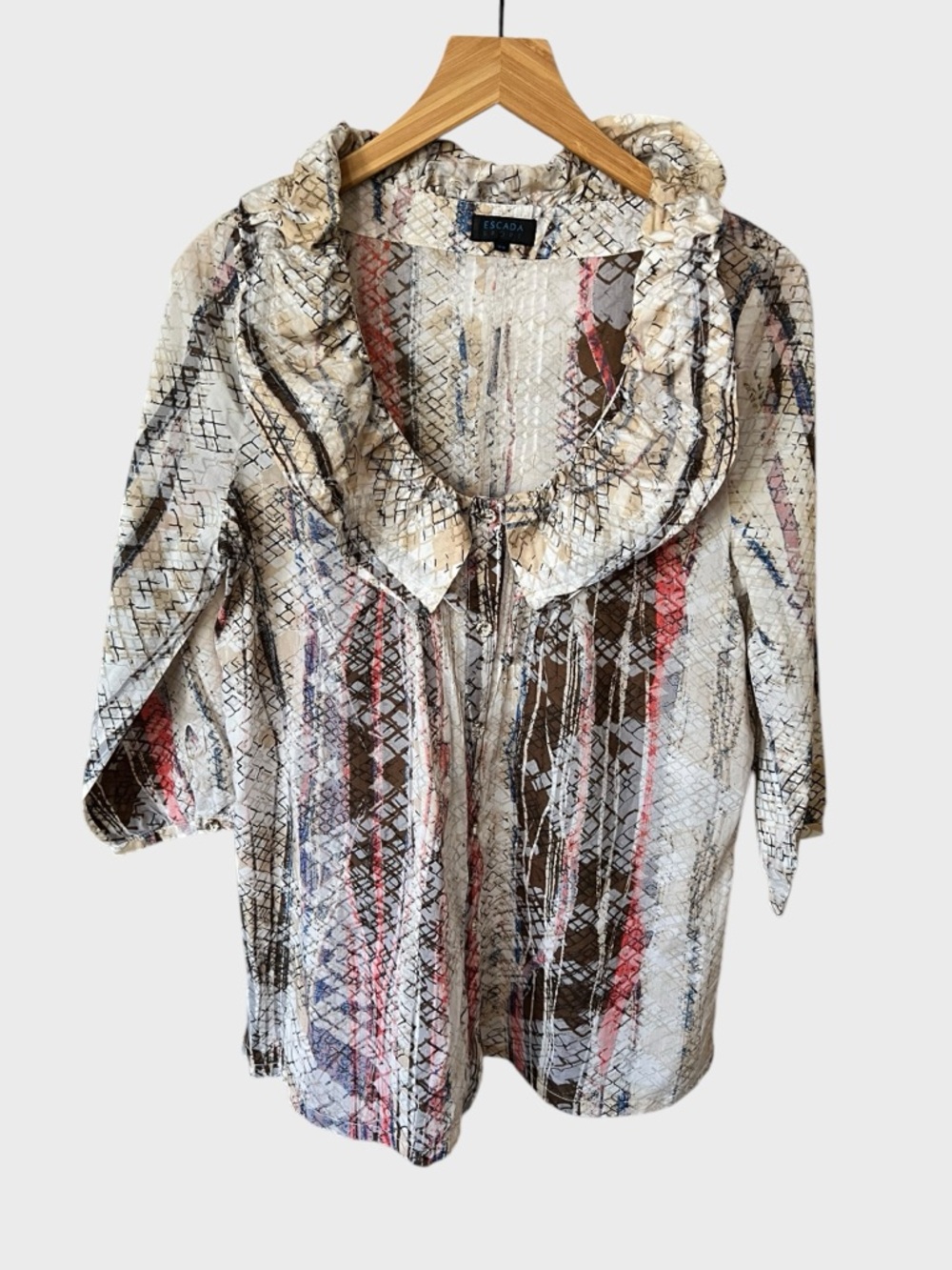 ESCADA sport Neutral Snake-Print Ruffle Blouse with Pink & Brown Stripes